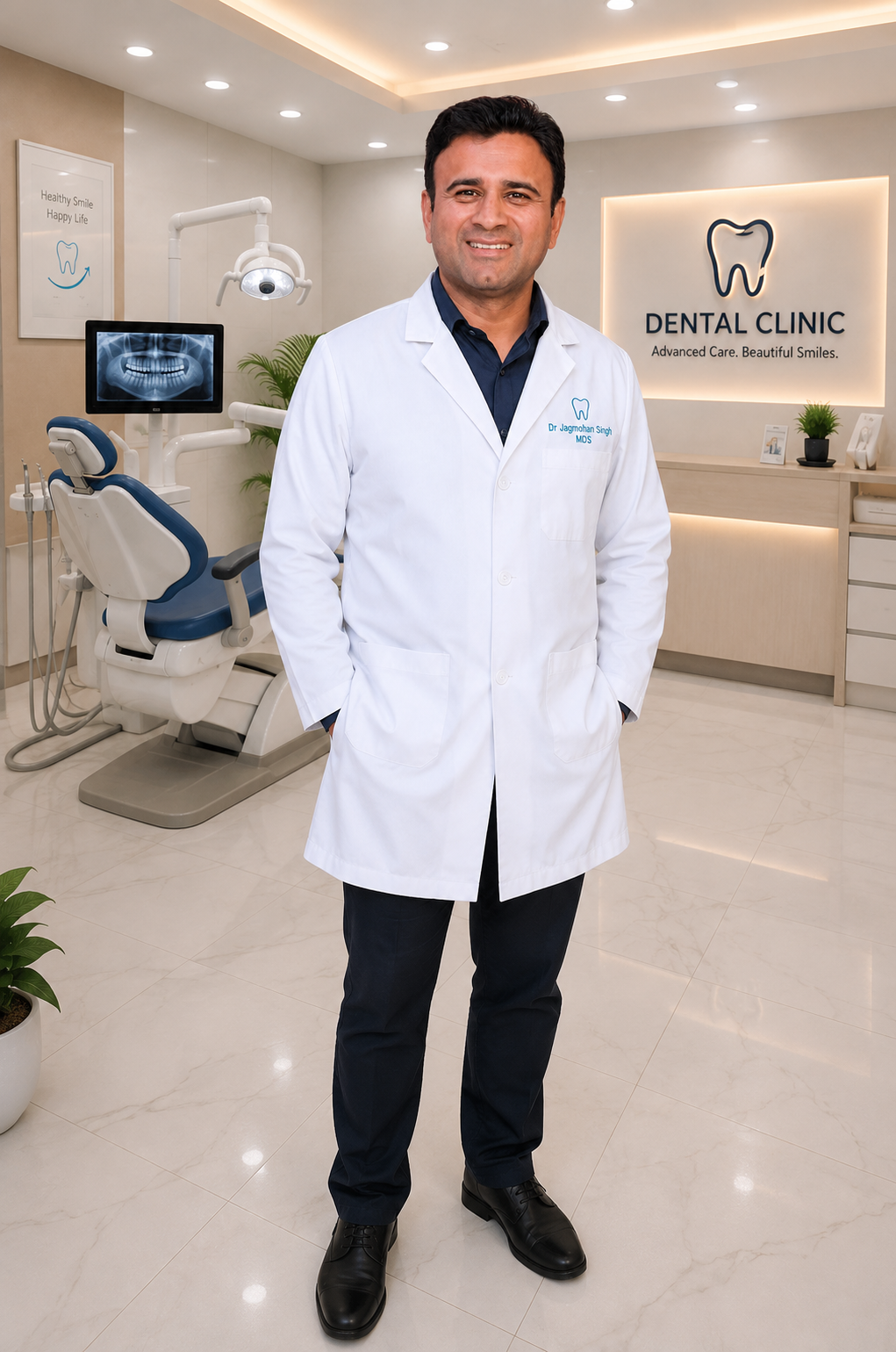 Dr. Jagmohan Singh preparing for emergency treatment at Noor Dental Clinic Ludhiana