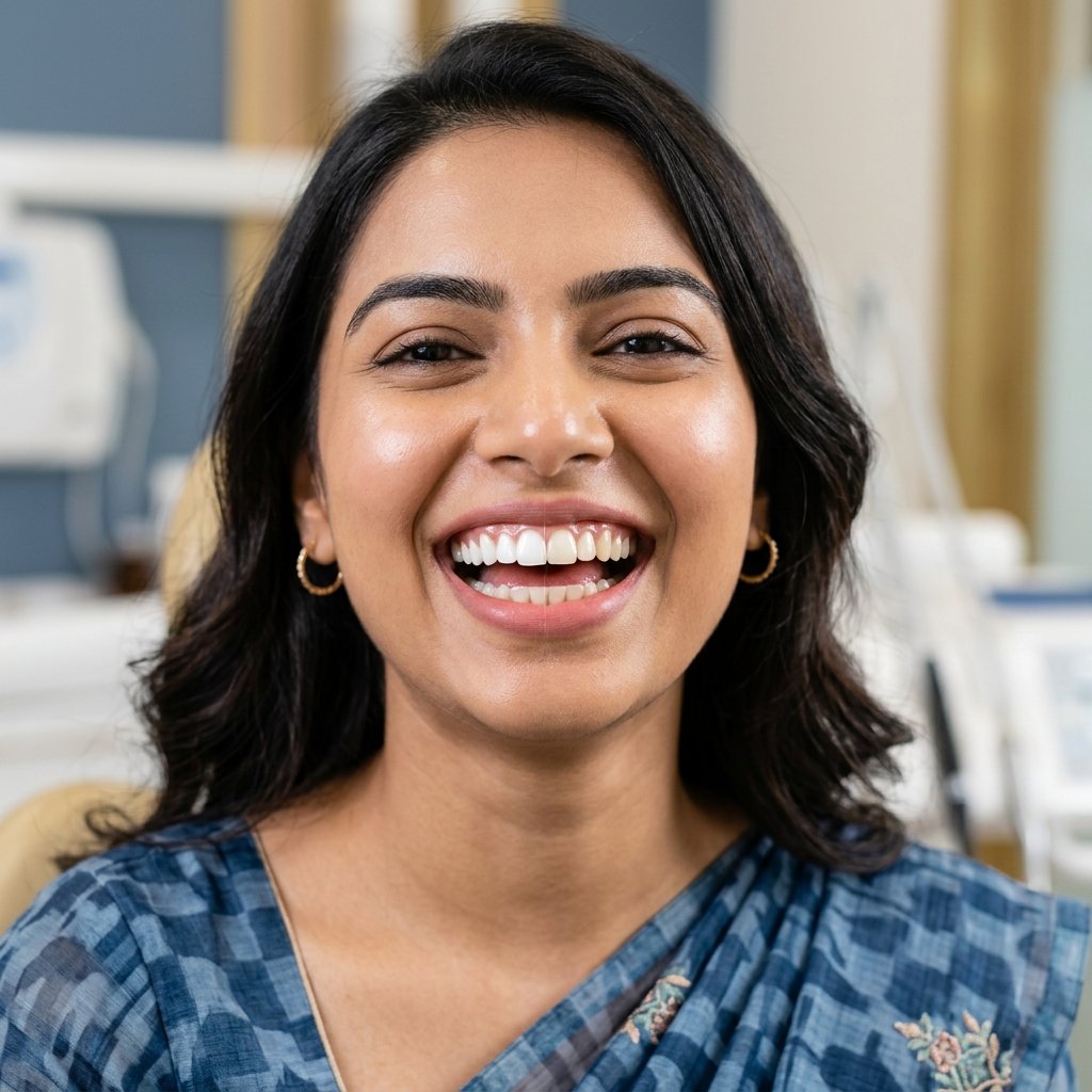 Before and after teeth whitening smile makeover patient Priya Sharma