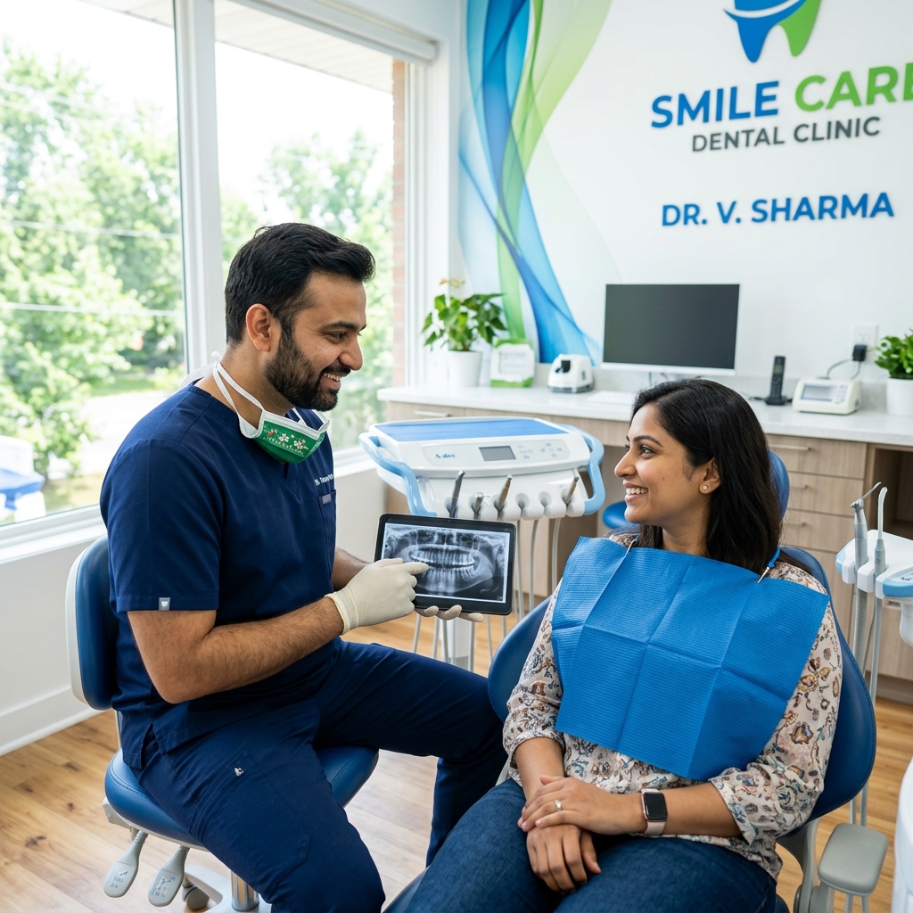 Implant consultation showing Indian male doctor explaining dental models