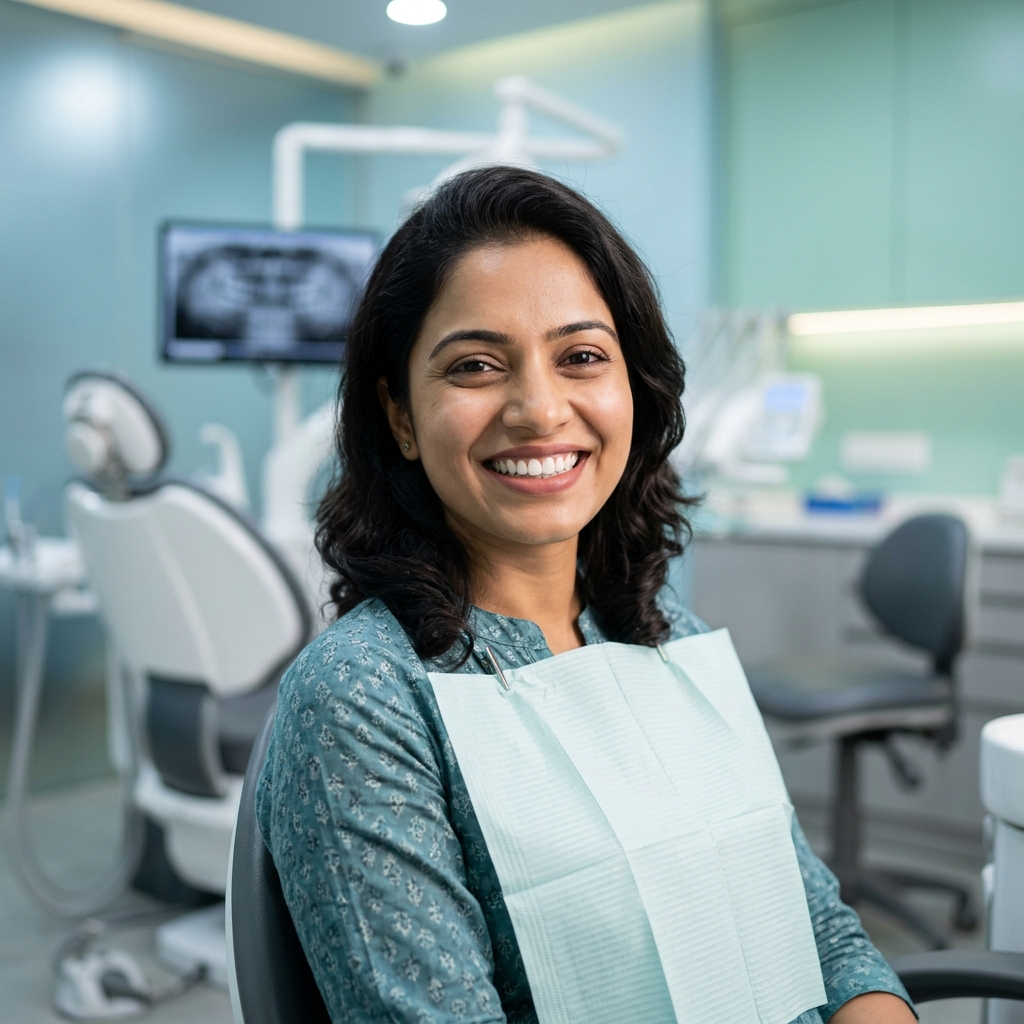 Indian female showing bright white teeth after cosmetic whitening therapy